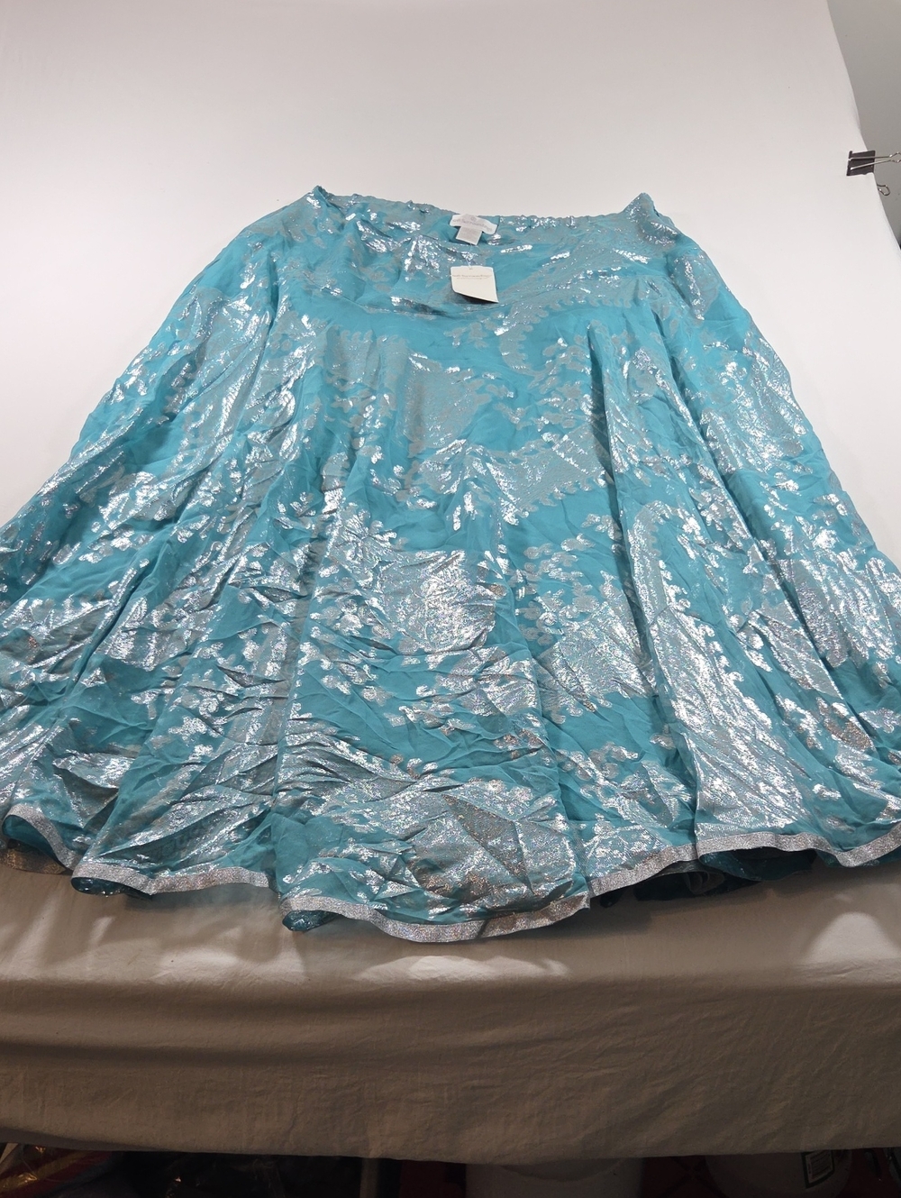 Soft Surroundings Silk Aqua Metallic Circle Maxi Skirt Elegant Party Lightweight